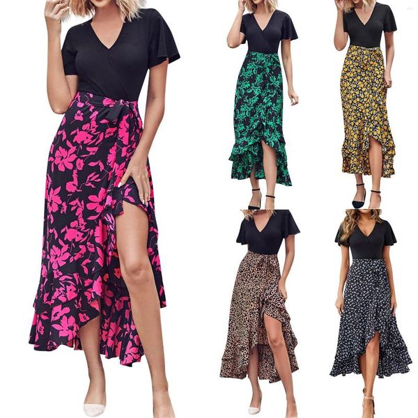 Vestidos Casuais Moda Feminina Longa Manga Curta Decote em V Boho Estampa Floral Gravata Cintura Alta Baixa Folho Coquetel Vestido Maxi