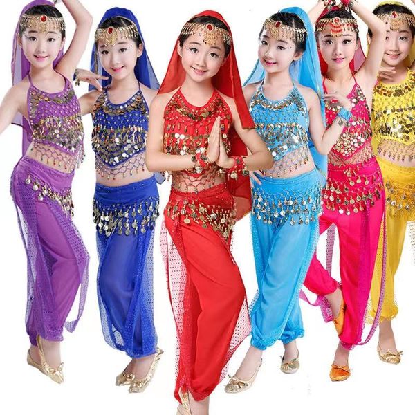Trajes de palco congme conjunto de 5 peças fantasias de dança do ventre para crianças meninas roupas de performance oriental roupas da índia