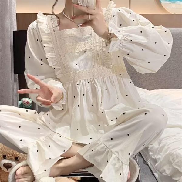 Pijama feminino pijama com laço de renda manga comprida camiseta calça comprida 2 peças/conjunto pijama princesa macio e sexy tamanho grande roupa de casa aconchegante plus