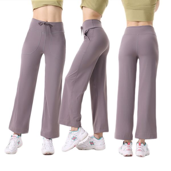 Lu Lu Lemens calças femininas calças femininas com tubo reto cintura alta cordão solto ajuste pequeno perna larga emagrecimento exercício e fitness calças yoga yoga outfit