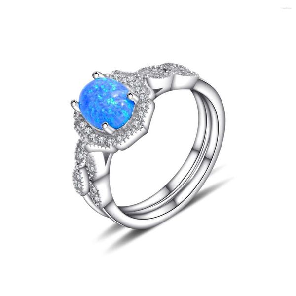 Küme halkaları patlayıcı mavi opal set yüzüğü S925 STERLING Gümüş Elmas Moda Işığı Lüks Basit Kadın Takım