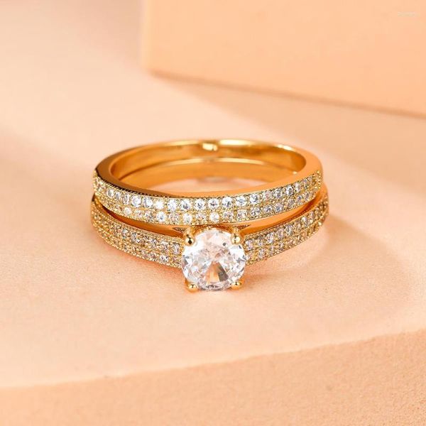 Hochzeit Ringe Luxus Braut Sets Runde Stein Für Frauen Schwarz Gold Farbe Weiß Zirkon Bands Versprechen Verlobung Ring Set schmuck