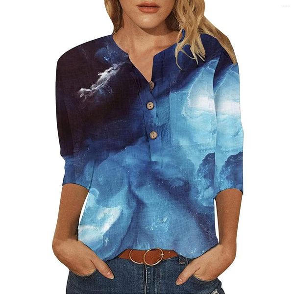 Damenblusen 2023 Modedruck Frauen Langarm Knopf V-Ausschnitt Blusenshirt Casual Tops Plus Size Elegante Arbeitshemden Blusas