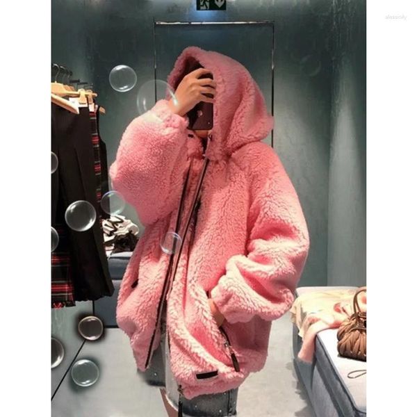 Damenjacken Winter Rosa Lammwolle 11,7 verdicken warme Jacke Mantel Frauen Mode lässig lose Kapuze Reißverschluss Tasche Fleece Mantel