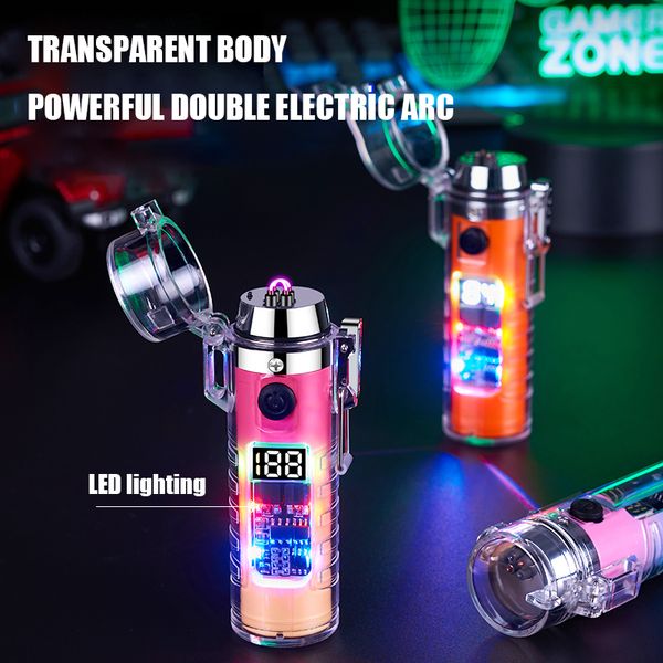 2023 Doppelbogen-USB-Feuerzeug, transparent, wasserdicht, Outdoor-Feuerzeug mit Taschenlampe, winddicht, elektrisches Feuerzeug, Auflade-Gadgets