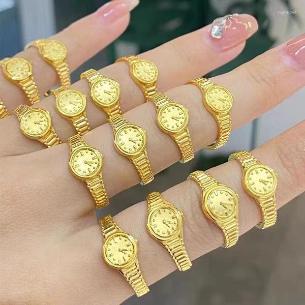 Eheringe Reines Kupfer 24K Gold Farbe 520 Kleine Uhr für Frauen Öffnung Fingerring Kreative Verlobung Weding Schmuck Geschenk