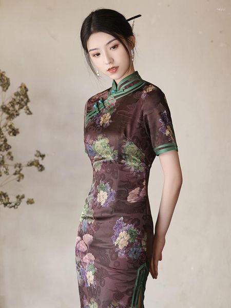 Ethnische Kleidung Eleganter Blumendruck Cheongsam Retro Verbessertes High Split Qipao Moderne Frauen Sexy chinesisches traditionelles Kleid