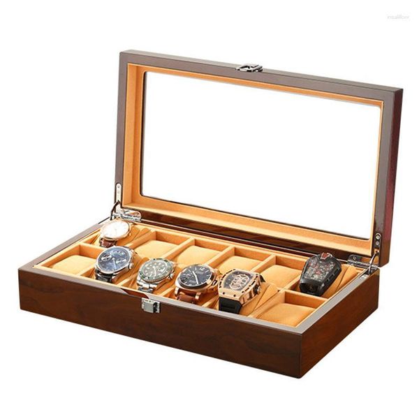 Caixas de relógio Estojos Madeira maciça de luxo 12 Coletor de armazenamento Vitrine marrom Relógios Caixa de presente com logotipo personalizado Relógio