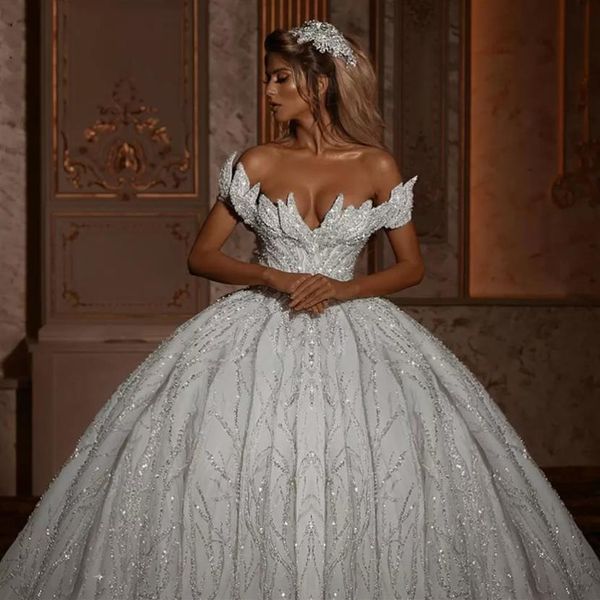 2023 Luxus Sparkly Glitter Off Shoulder Ballkleid Brautkleider Rückenfreie Brautkleider mit langer Schleppe Vestidos De Novia Robe Ma319x