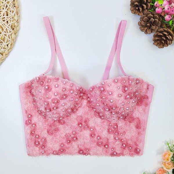 Canottiere da donna Elegante canottiera in pizzo Canottiera estiva da donna Canotta cambia colore Perle di fiori 3D Reggiseno a lisca di pesce rosa Top da spiaggia Corsetto alto streetwear