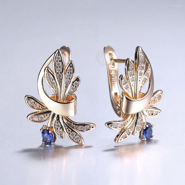 Baumeln Ohrringe Für Frauen 585 Rose Gold Farbe Blume Blatt CZ Blau Stein Mädchen Tropfen Elegante Dame Mode Schmuck LGE336