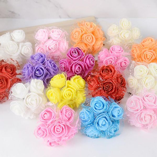 Flores decorativas 36/72 pçs 3,5 cm Glitter Mini Foam Rose Renda Bouquet Artificial Para Casamento Decoração Da Casa Presentes DIY Coroa De Noiva Flor Falsa