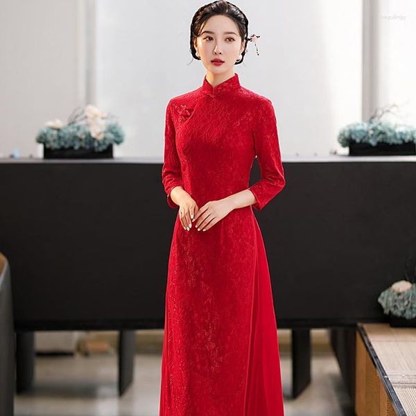 Vestuário étnico Sexy Feminino Renda Cheongsam Vermelho Clássico Slim Brinde Roupa Tradicional Gola Mandarim Qipao Vestidos Vintage Ao Dai Qi Pao