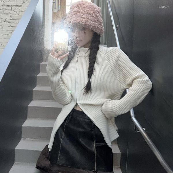 Blusas femininas femininas de gola alta manga longa de malha feminina cinza branco zíper cardigã suéter 2023 outono coreano moda mujer