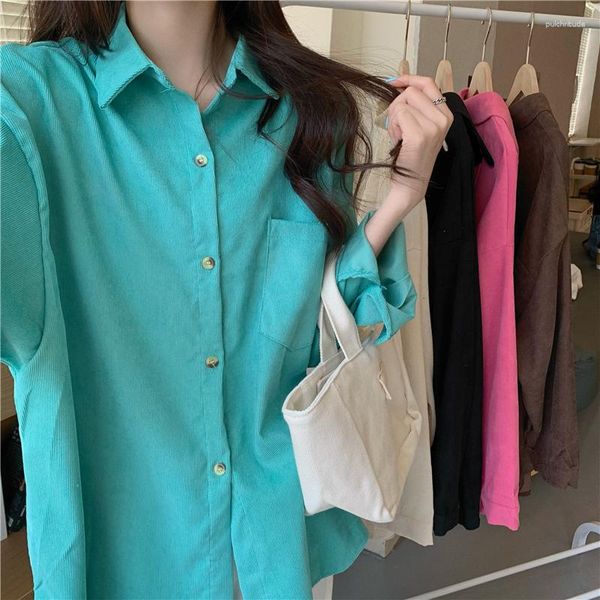 Женские блузки корейская модная кофейная рубашка для вельветовой рубашка Женщины падают 2023 Свободные длинно рукави
