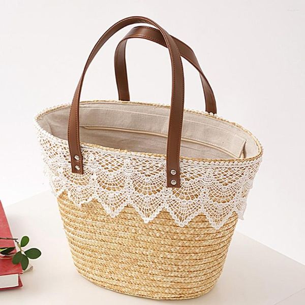 Sacos de noite Saco de palha de renda para mulher Ombro grande capacidade Tote Rattan Boho Basket Woven Summer Beach Casual Top Handle