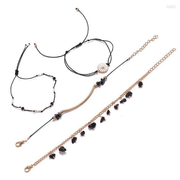 Fußkettchen, verstellbar, Boho-Perlenarmbänder, Set aus schwarzem Stein, geflochtene Schnur, Nepal, Hawaii, Gänseblümchen-Armband, Schmuck, Geschenke für Frauen, Teenager, Mädchen, BFF