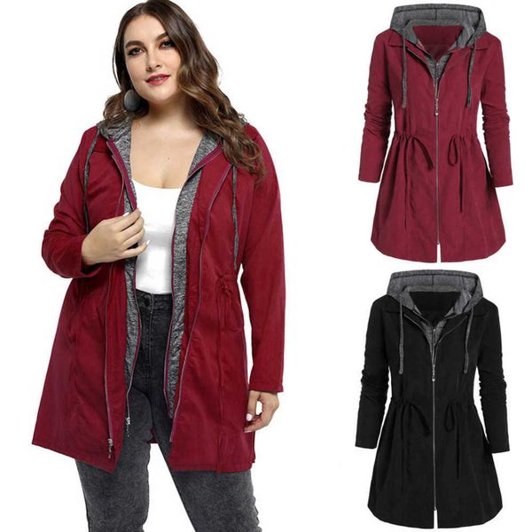 Cappotto autunnale e invernale da donna di media lunghezza con cerniera a doppia fila falsi due pezzi di abbigliamento oversize con cappuccio per giacca in ecopelle da donna