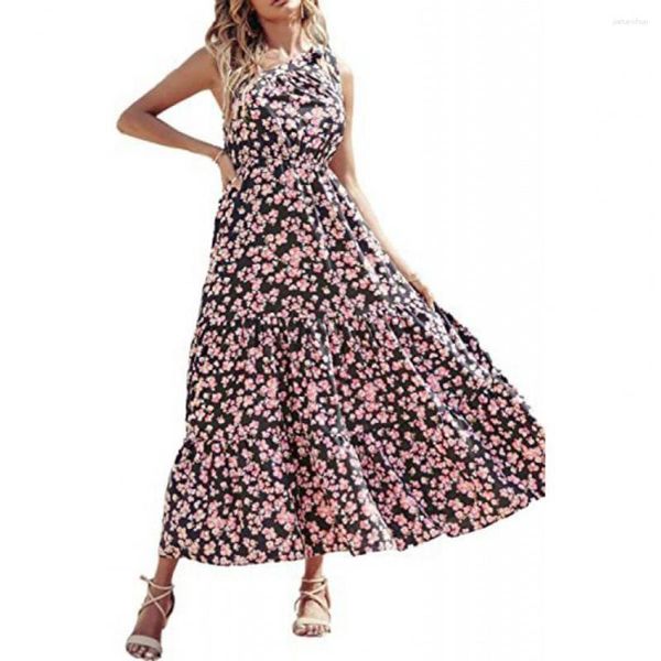 Abiti casual Nodo monospalla Maxi abito senza maniche Vita stretta a vita alta Estate Donna Dolce stampa floreale Orlo con volant