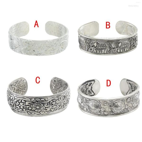 Bangle Braccialetti in metallo color argento ossidato vintage per donna Boho intagliato elefante pesce fiore polsino aperto Gypsy gioielli tribali