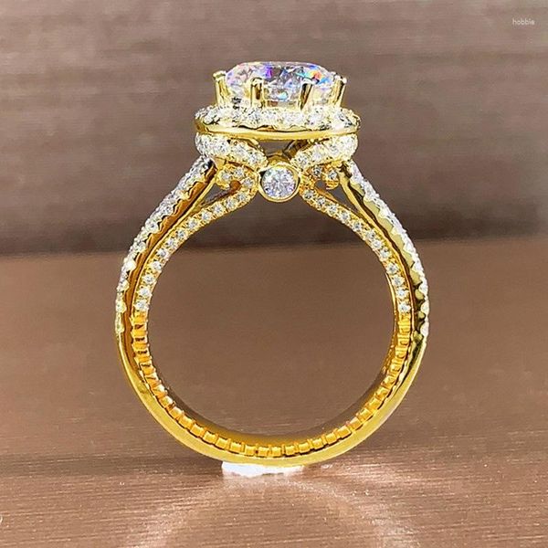 Cluster Anéis Ouro 18K Gracioso Forma Redonda Anel de Dedo Prata Esterlina 925 Diamante Cerimônia de Noivado Feminino Alianças de Casamento Feminino