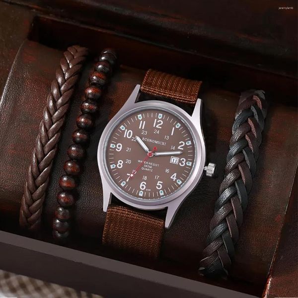 Нарученные часы 4PCS/SET Случайный кожаный ремешок пронумерованная дата Quartz Watch Fashion Minimalist Sports Men's Men's