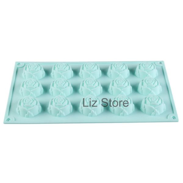 Moldes para bolo de chocolate com 15 flores de rosa, silicone para doces, pudim, cubos de gelo, moldes para velas de sabonete artesanal, ferramenta de cozimento para cozinha TH0868