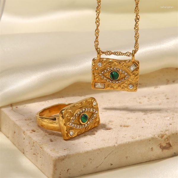 Collane con ciondolo Vintage bohemien intarsiato verde zircone passero pietra anelli quadrati color oro a forma di occhio turco per le donne gioielli estetici