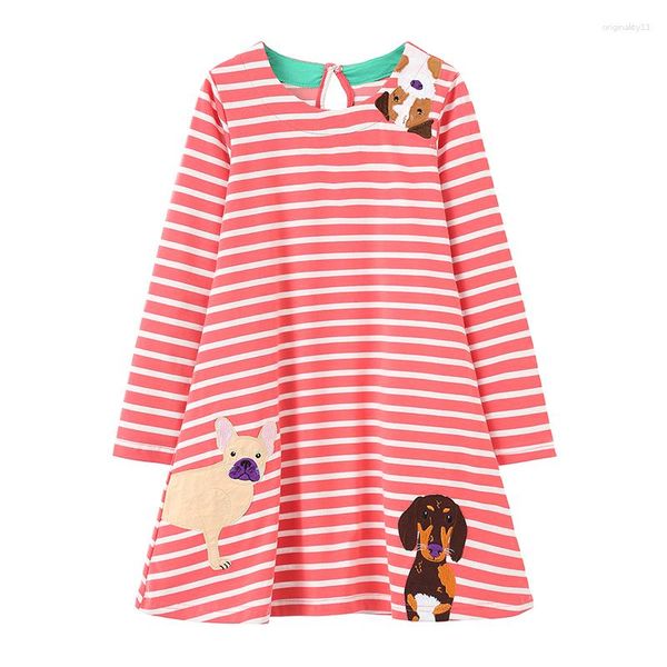 Mädchen Kleider Springen Meter 4-8T Hund Stickerei Kinder Prinzessin Mädchen Gestreiften Tiere Langarm Herbst Kinder Geburtstag kleid