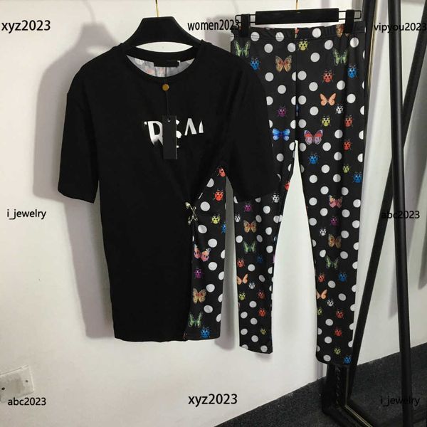Tasarımcı Giysileri Kadın Demirleri Lady Sıras Seti 2 PCS Böcek Polka Dot Baskılı T-Shirt ve Sıkı Taytlar #Multiple Ürün