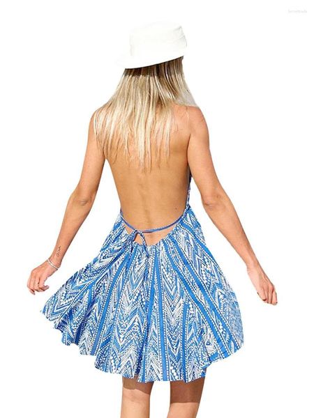 Vestidos casuais femininos frente única com decote em V profundo sem costas mini vestido babado sem manga amarrar estampado flowy swing praia saindo curto (azul S)