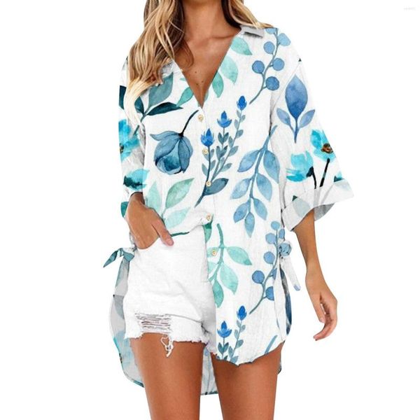 Blusas Femininas Camisa Feminina Estampa Floral Botão Down Vestido de Manga Longa Elegante Cobertura Túnica Blusa Casual Top Feminino Camisas de Escritório