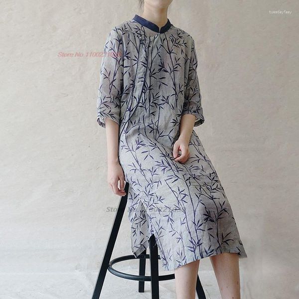 Ethnische Kleidung 2023 Traditionelles Vintage Qipao Nationales Bambusdruck-Baumwollleinenkleid Chinesisches verbessertes Cheongsams Hanfu Retro Zen