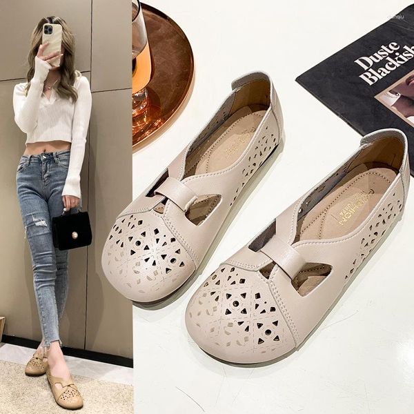 2024 Schuhe Leder Sandalen handgefertigt bequem bequem flach mit weicher Lösten mit weiblichen Windkanälen Hohlhöhle Frauen Casual Flats 79296 21757 40570 76 C.