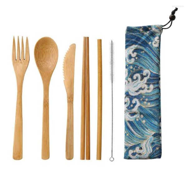 Geschirr-Sets, japanisches Holz-Set, Bambus-Besteck, Strohhalm mit Stoffbeutel, Küche, Kochutensilien
