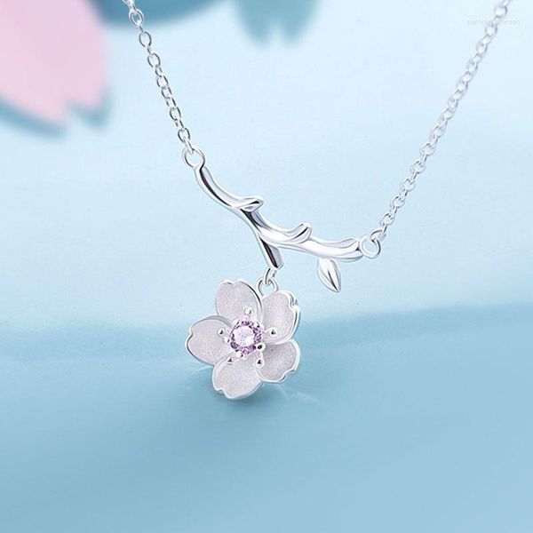 Collane con ciondolo Ramo Fiore di ciliegio Coreano Argento Colore Temperamento Personalità Moda Collana di gioielli femminili SNE017