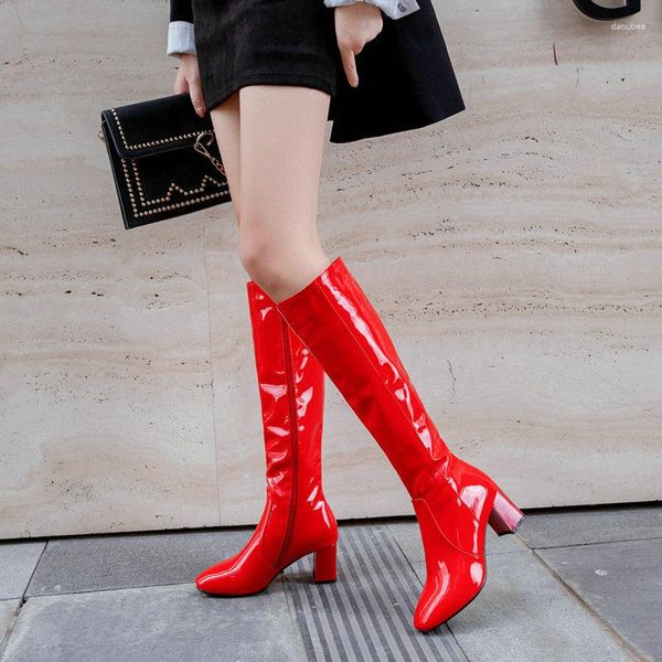 Сапоги патентная кожа сексуальная бедра на высоком каблуке зимняя платформа красные черные женщины на колене Большой размер 45 48 леди фетиш обуви