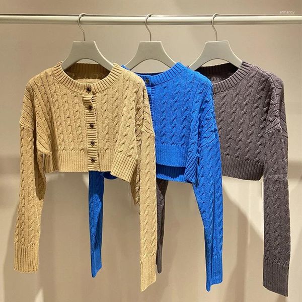 Suéteres femininos Kuzuwata decote em O com manga longa e blusa curta Cardigã 2023 no início do outono simples japoneses soltos puxões femininos