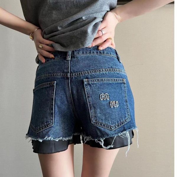 Shorts femininos Calças femininas mostram retalhos de perna com borda de pele de cobre quebrada cintura alta jeans calças largas tendência