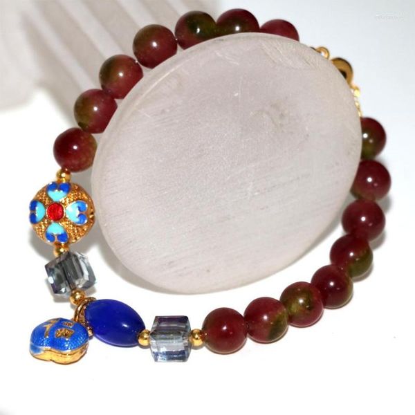 Странд 8 -миллиметровый многоцветный халцедоний Jades Stone Round Beads Bracelet Brangle Cloisonne Женщины высококачественные украшения 7,5 дюйма B2950