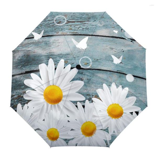 Regenschirme, weißes Gänseblümchen, Schmetterling, Holzmaserung, kreativer Regenschirm, Regen, Damen, automatisch, dreifach faltbar, winddicht, Sonnenschirm, Parapluie