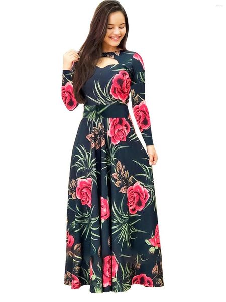 Vestidos tamanho grande estampa floral corte slim fit maxi vestido feminino elástico médio elegante longo