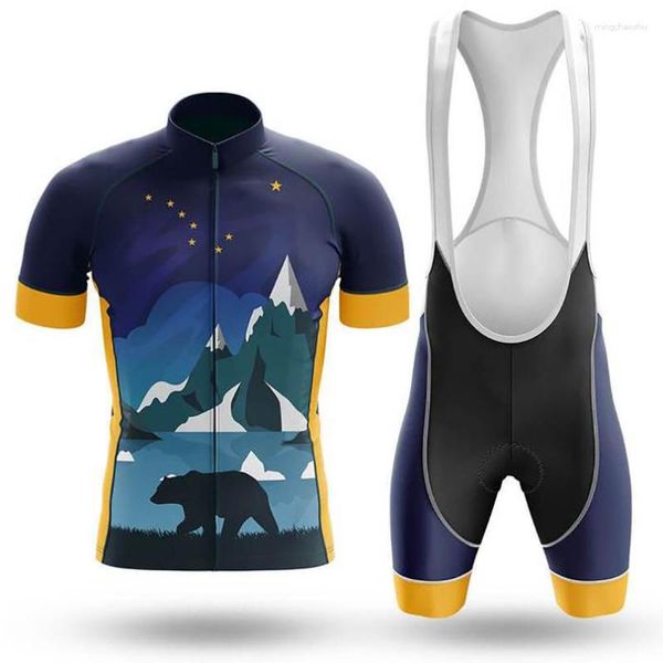 Conjuntos de corrida 2023 ALASKA Conjunto de camisa de ciclismo masculino Roupa profissional Secagem rápida Camisa de manga de verão com babador curto Almofada de gel