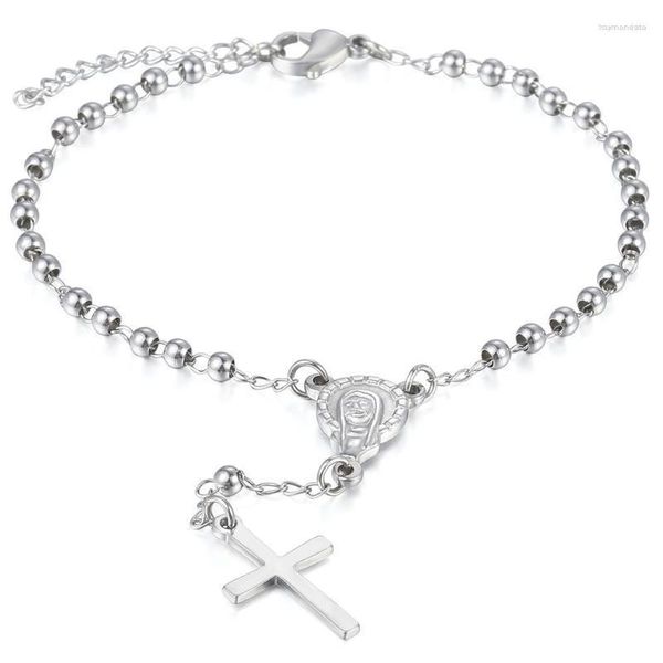 Strang Perlenstränge 2 mm Silberton Perlenarmband für Männer Frauen Edelstahl Jungfrau Maria Kreuz Charm Rosenkranz Geschenke HKB586 Raym22