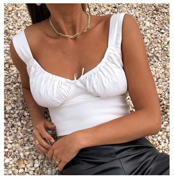 Canotte da donna Stile francese Milkmaid Crop Top Summer Solid White Increspato Bow Slim 2023 Ladies Wide Strap Tees Canotta skinny