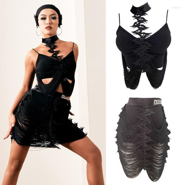 Stage Wear Sexy Black Halter Strap Top Gonne con frange Costume da ballo latino Vestito con nappe Abiti da ballo per spettacoli da ballo DancewearSL6317