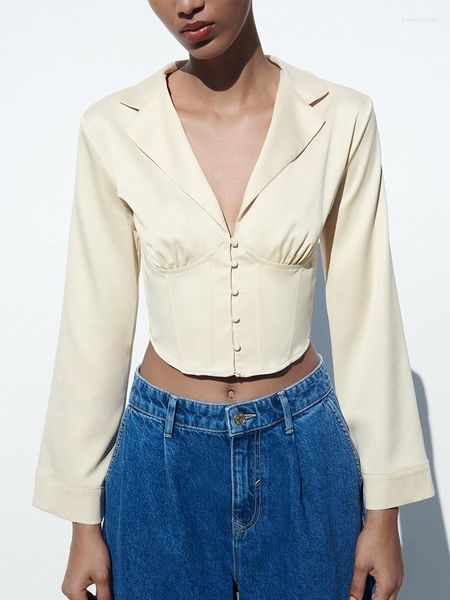 Kadınlar bluzları mahsul üstleri yüksek cadde moda kadınlar 2023 korse tarzı gömlek uzun kollu üst yaka v boyun ön düğmesi