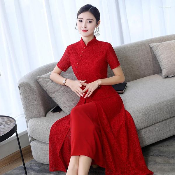 Abbigliamento etnico Primavera Pizzo Seta Migliorato Moderno Lungo Aodai Rosso Cheongsam Stile cinese Abito da sposa festivo Donna Grazioso Taglie forti Qipao