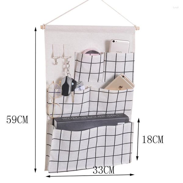 Sacos de armazenamento 33 cm x 59 cm Saco de pendurar xadrez Armário de parede com 5 bolsos e 2 ganchos Organizadores de artigos diversos para casa de banho