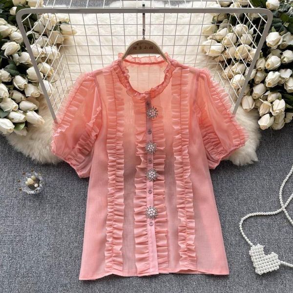 Женская блузская шифоновая рубашка женская летние сладкие складки оборки из слойки с короткими рукавами.